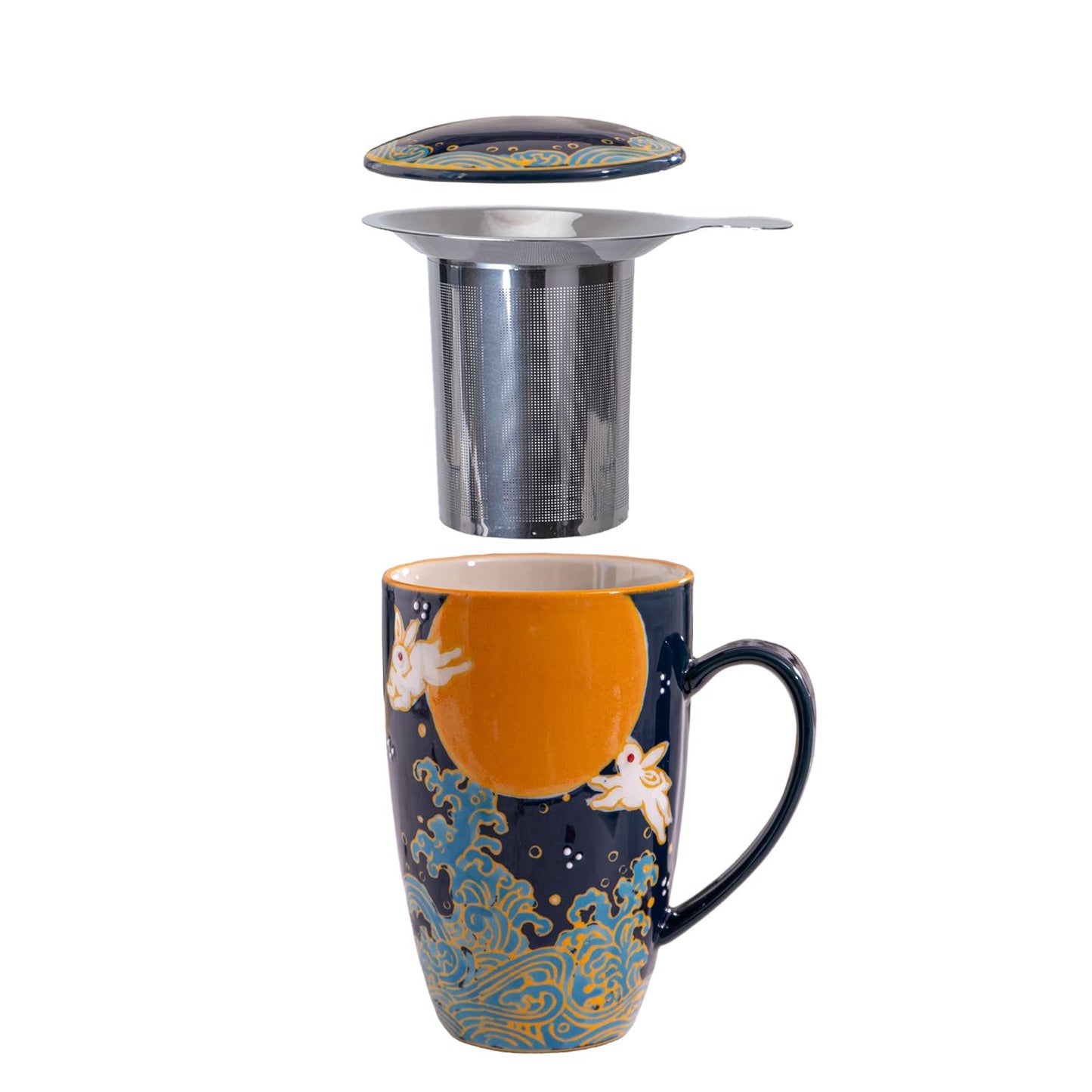 Urban Tokyo Tea Mug With Lid and Stainless Steel Infuser For Loose Leaf Tea Bag Tea Cup 15oz Porcelain Hot Beverage Everyday Use Home Office (Moon Rabbit)