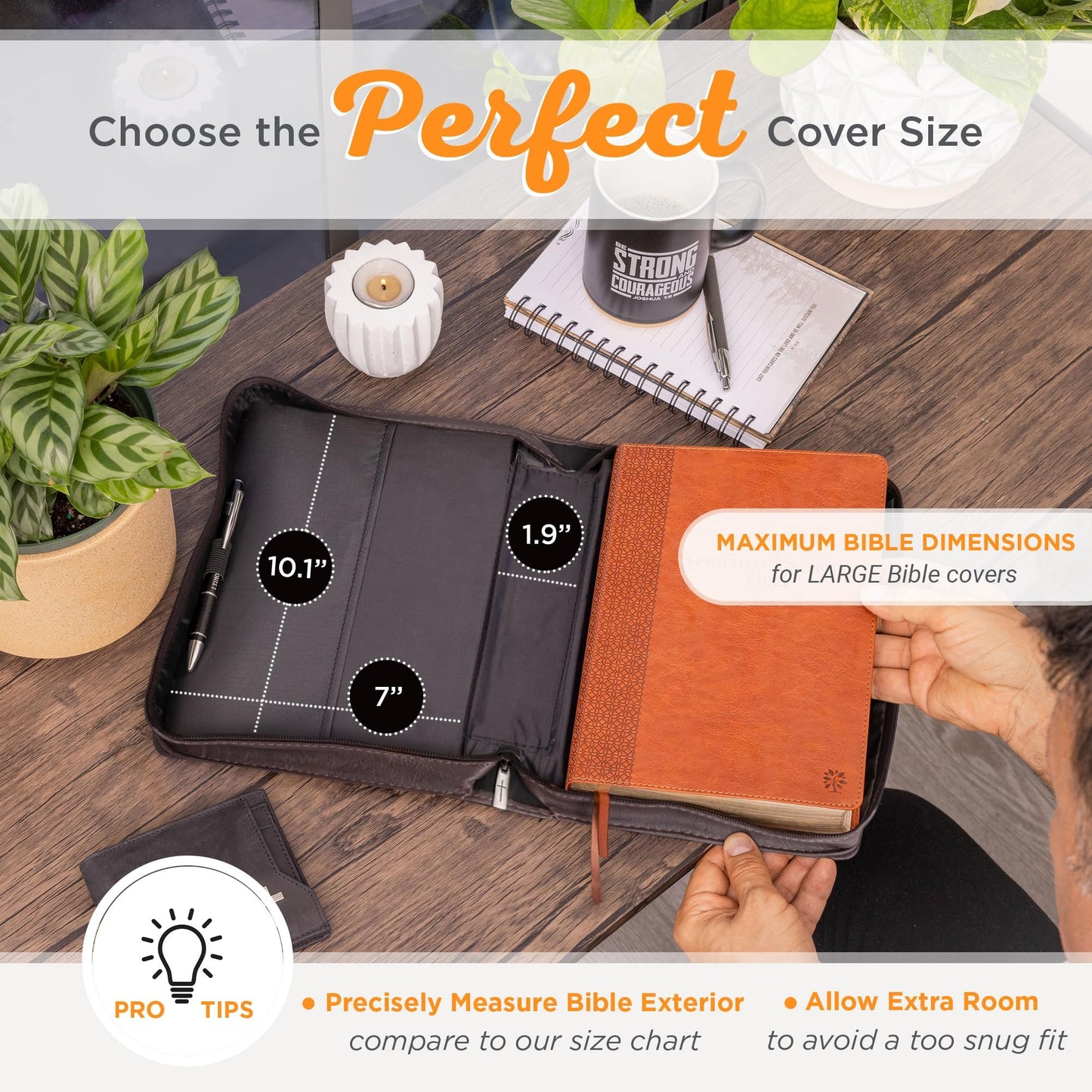 Christian Art Gifts Men's Classic Bible Cover Be Strong and Courageous Joshua 1:9, Brown Faux Leather