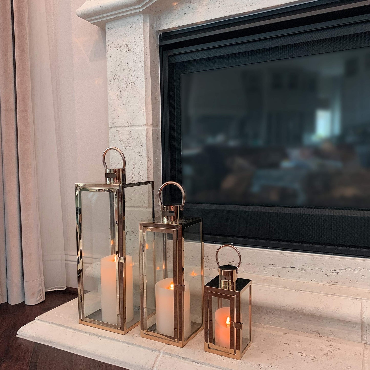 Allgala Lantern Set 3-PC Jumbo Deluxe Modern Indoor/Outdoor Candle Lantern Set with Chrome Plated Structure and Tempered Glass for Garden Poolside Fireplace Wedding