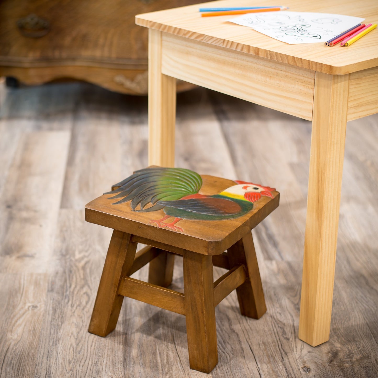 Sea Island Imports Rooster Design Hand Carved Acacia Hardwood Decorative Short Stool