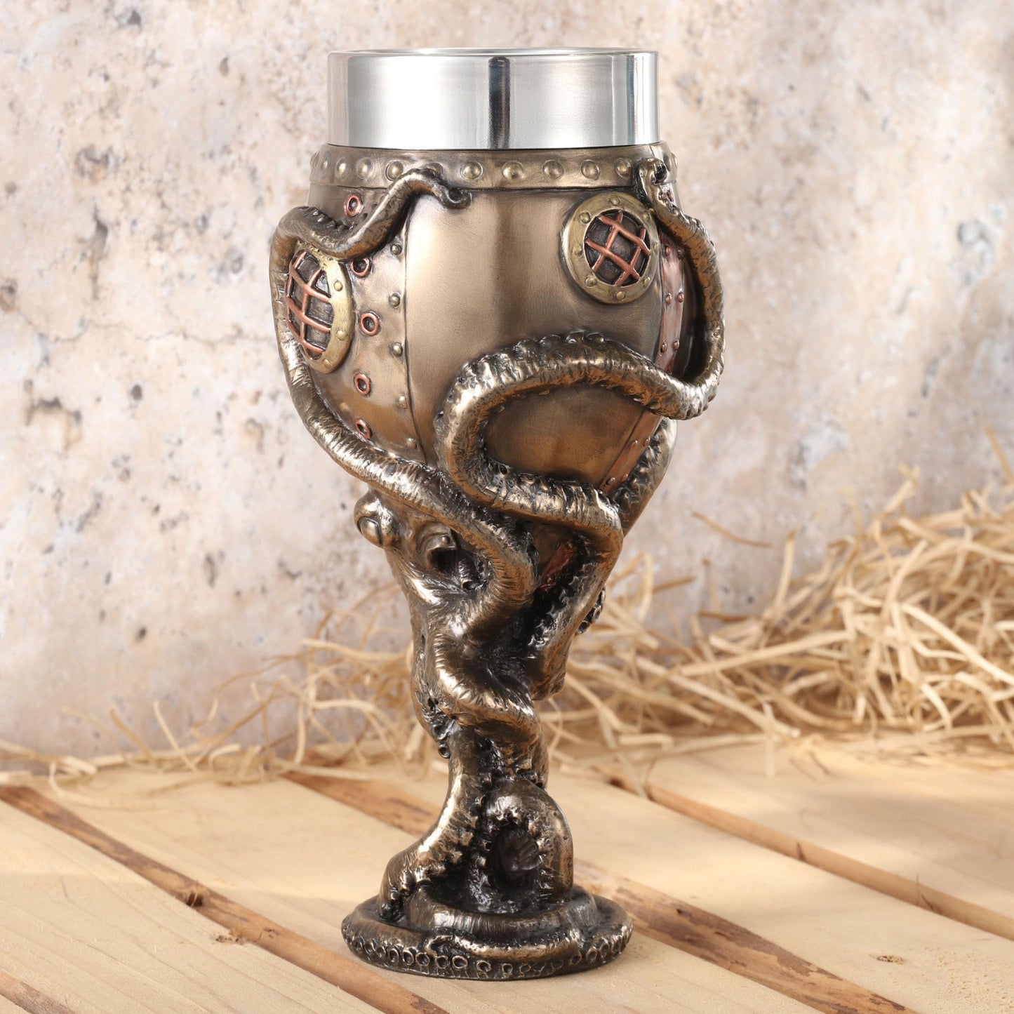 Veronese Design 7 1/2 Inch Steampunk Octopus Diving Bell Goblet Cold Cast Resin Bronze Finish Stainless Steel Cup (7 fl oz)