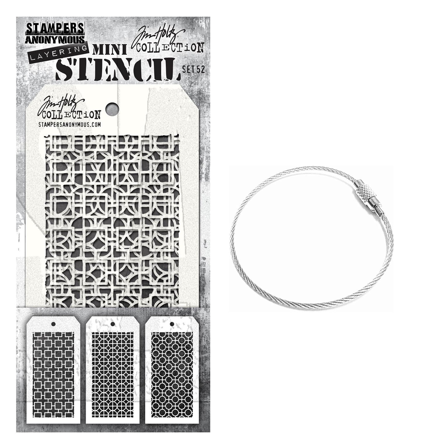 Tim Holtz Stampers Anonymous Mini Layering Stencil Set #52 June 2022 Release, Plus Cable Binder Ring, Bundle of 2 Items