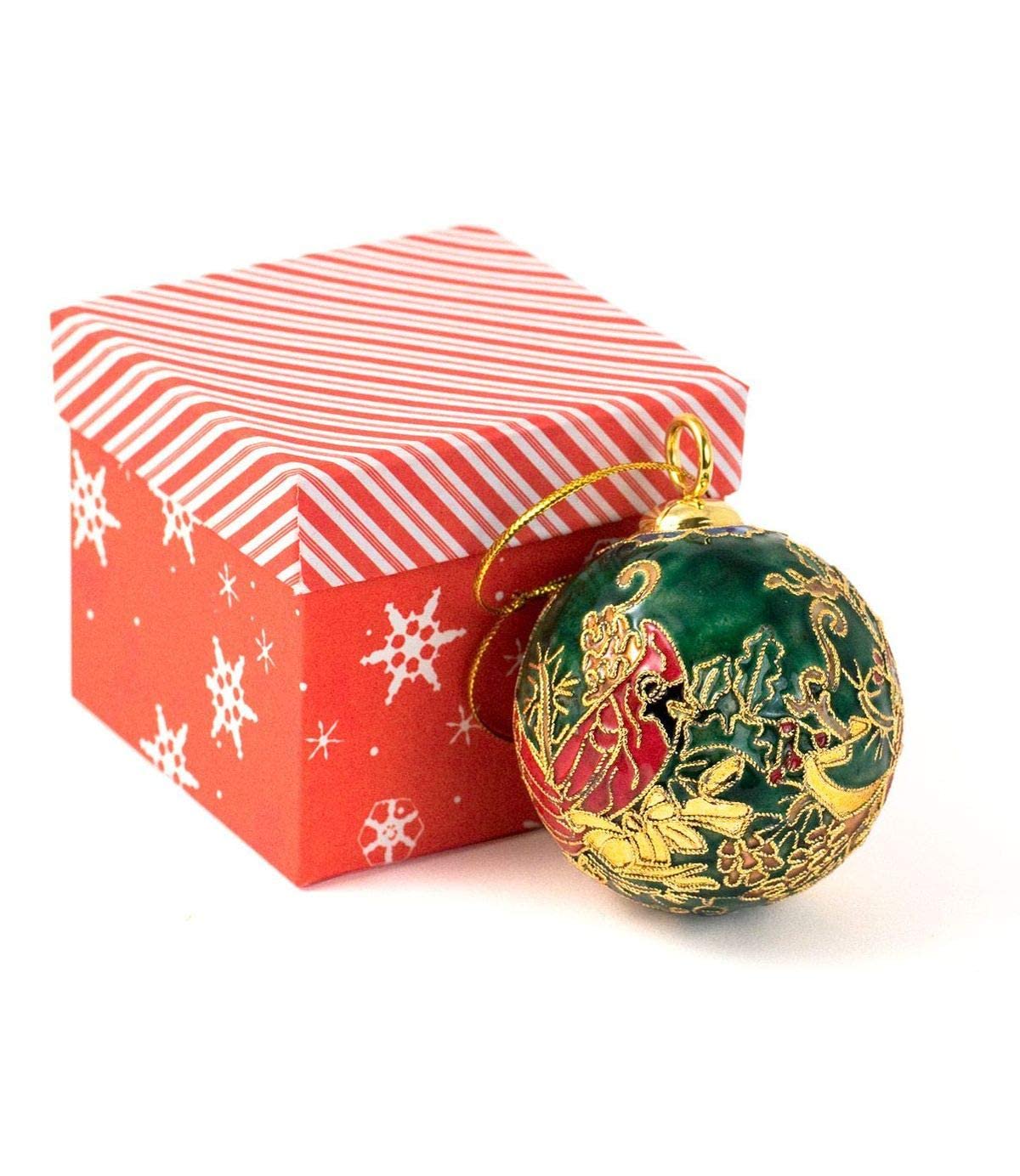 Value Arts Handmade Cloisonne Cardinal and Poinsettia Ball Hanging Ornament