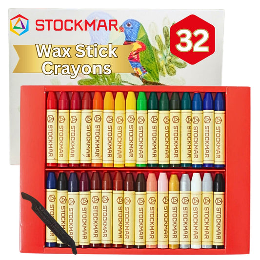STOCKMAR Natural Beeswax Crayons for Kids Art Supplies at Home, School, Waldorf Classroom: Safe, Non Toxic Crayons for Toddlers, Children, Adults of All Ages - 32 Sticks with Scraper in a Sliding Box