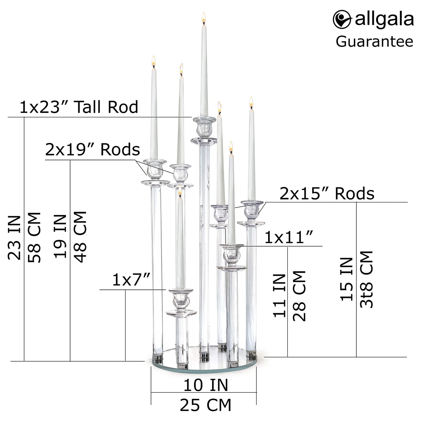 Allgala 23Inch (58CM) Glass Candleabra Tall 7-Cup Crystal Solid Glass Cylinder Tube Rod Candle Holder for Taper-Candle Candlesticks for Home Party Event Wedding Bridal Shower