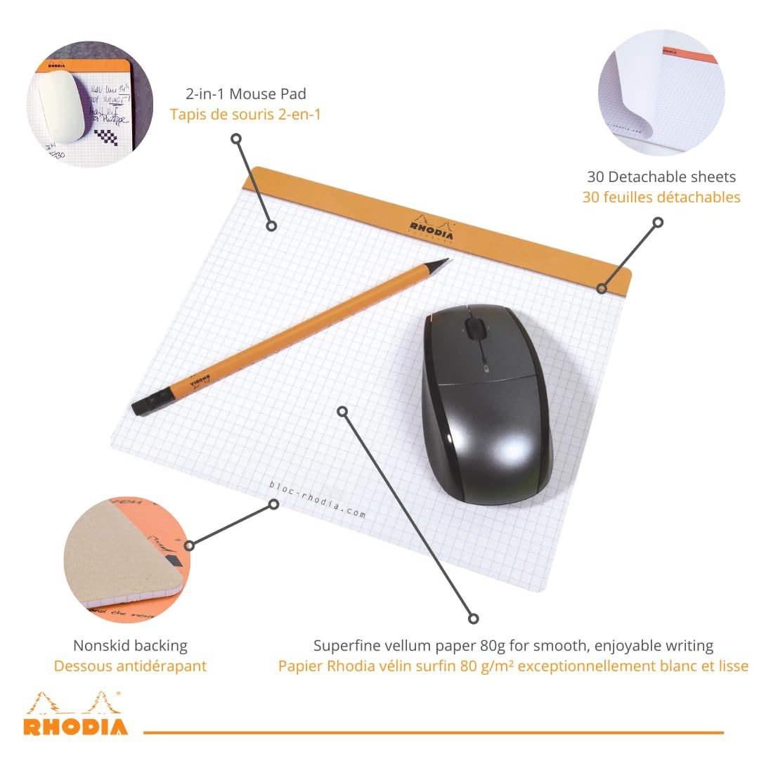 Rhodia 19410C - Mouse Mat Notepad, 19x23cm, Squared, 30 Detachable Sheets, Clairefontaine Paper 80g, Non-Slip Base