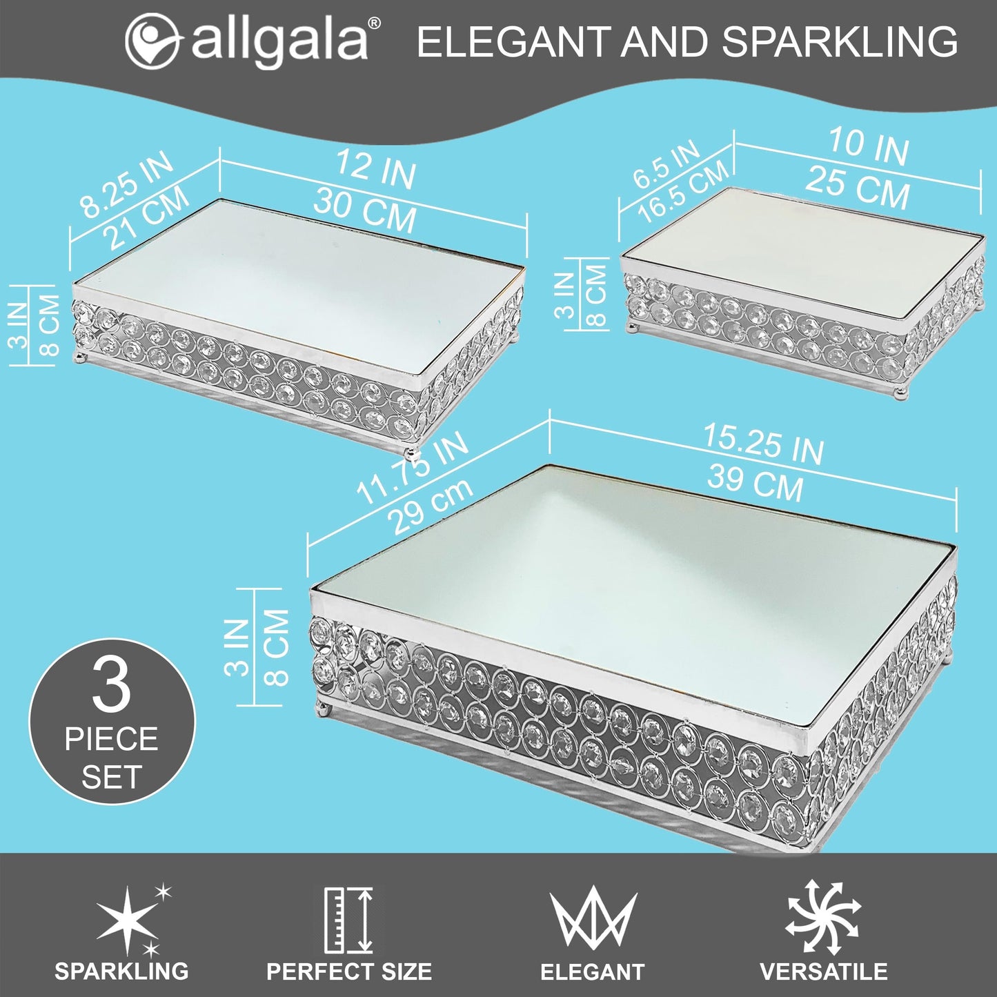 Allgala 3 Piece Set Crystal Gold Plated Dessert Cheese Cupcake Cake Stand with Mirror Plate
