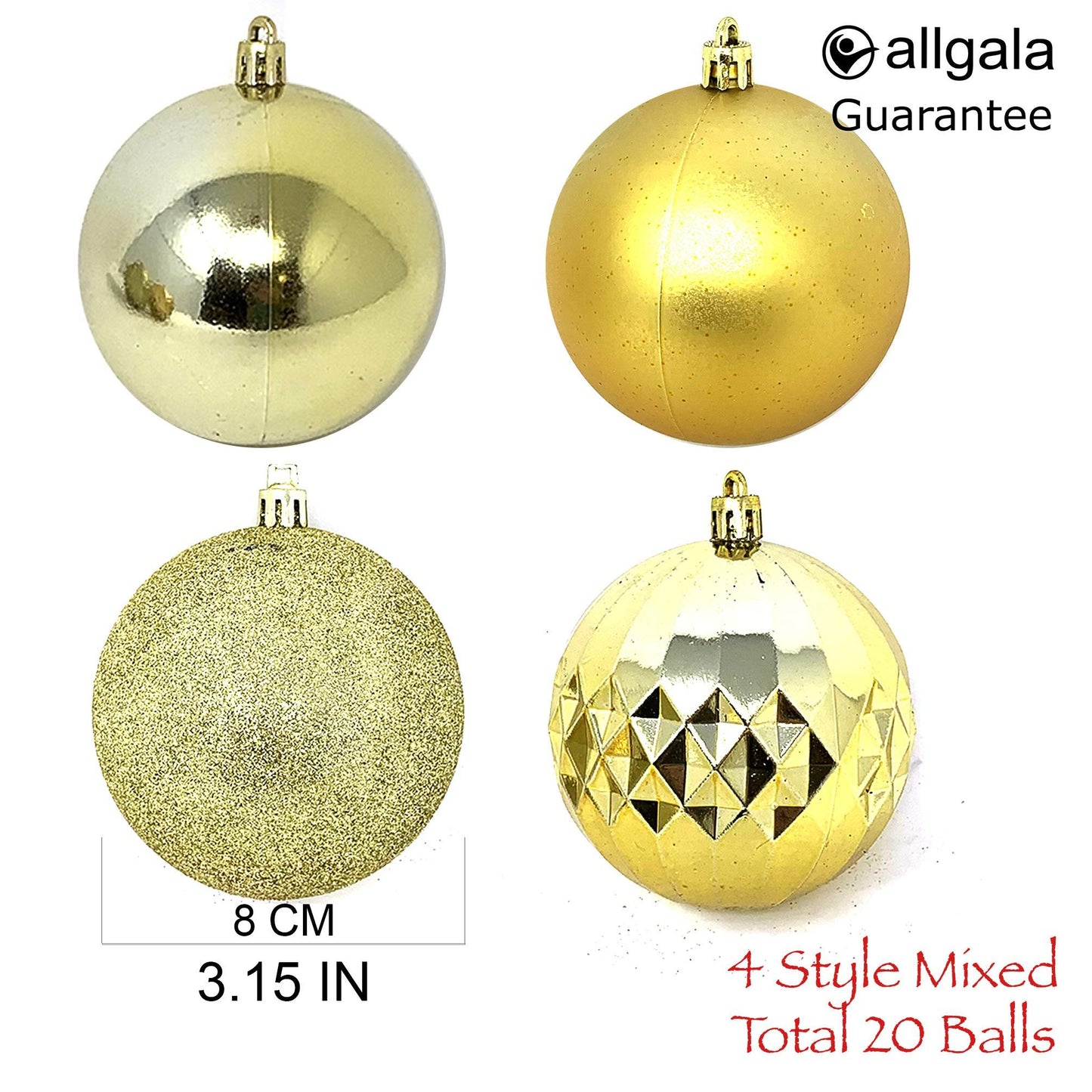 allgala 20 PK 3 Inch (8CM) Large Christmas Ornament Balls for Xmas Tree-4 Style-