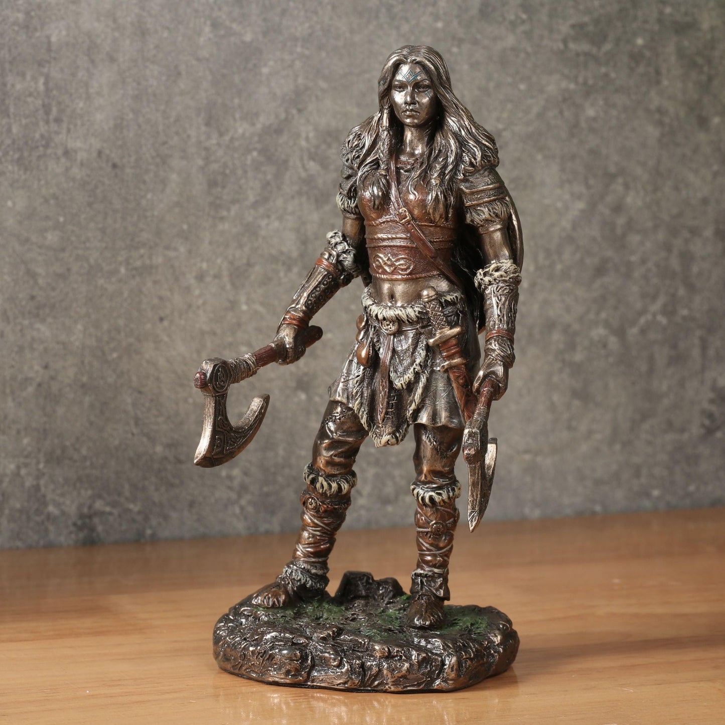 Veronese Design 6 1/8 Viking Twin Axes Berserker Female Resin Sculpture Cold Cast Bronze Finish
