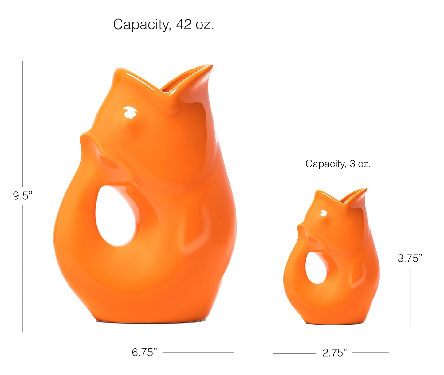Gurgle Pot Fish Pitcher, Set of 2, French Inspired Design, Large Pitcher 42 oz. with matching Creamer, Vibrant Orange, the perfect Indoor or outdoor tableware.