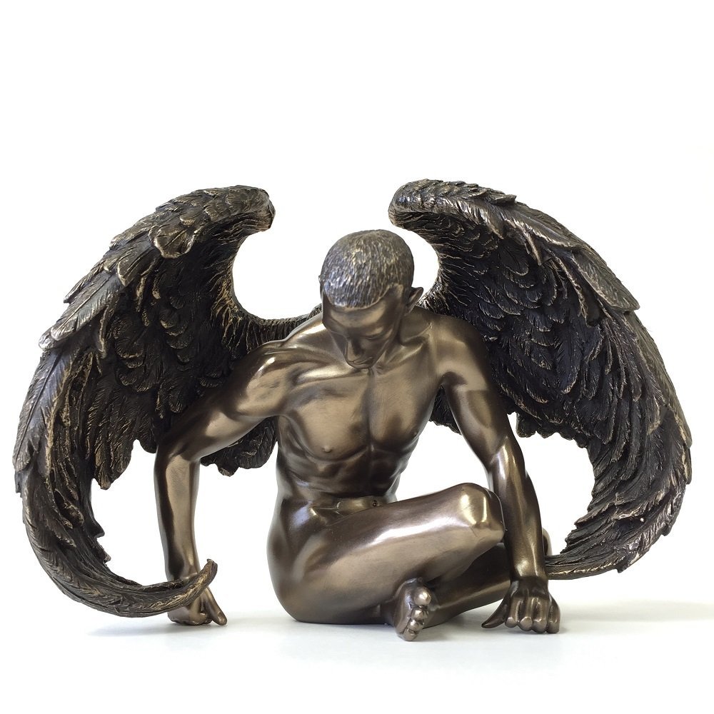 Winged Male Nude Angel Sitting Statue Sculpture