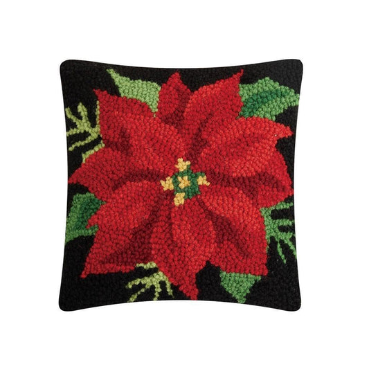 Peking Handicraft Poinsettia Christmas Polyfill Hook Throw Pillow, 10-inch Square, Wool and Poly Velvet, Holiday Seasonal Decoration