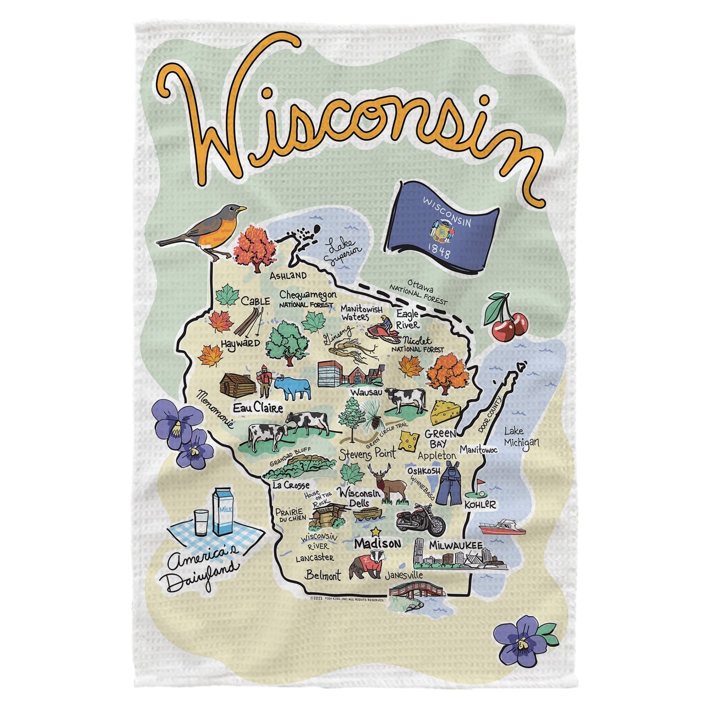 Fish Kiss® 16"x24" Map Dish Towel is of 100% Microfiber Waffle Weave Making it Super Absorbent, Soft & Machine Washable - Map Kitchen Towel,Map Dish Cloth is Multi Purpose