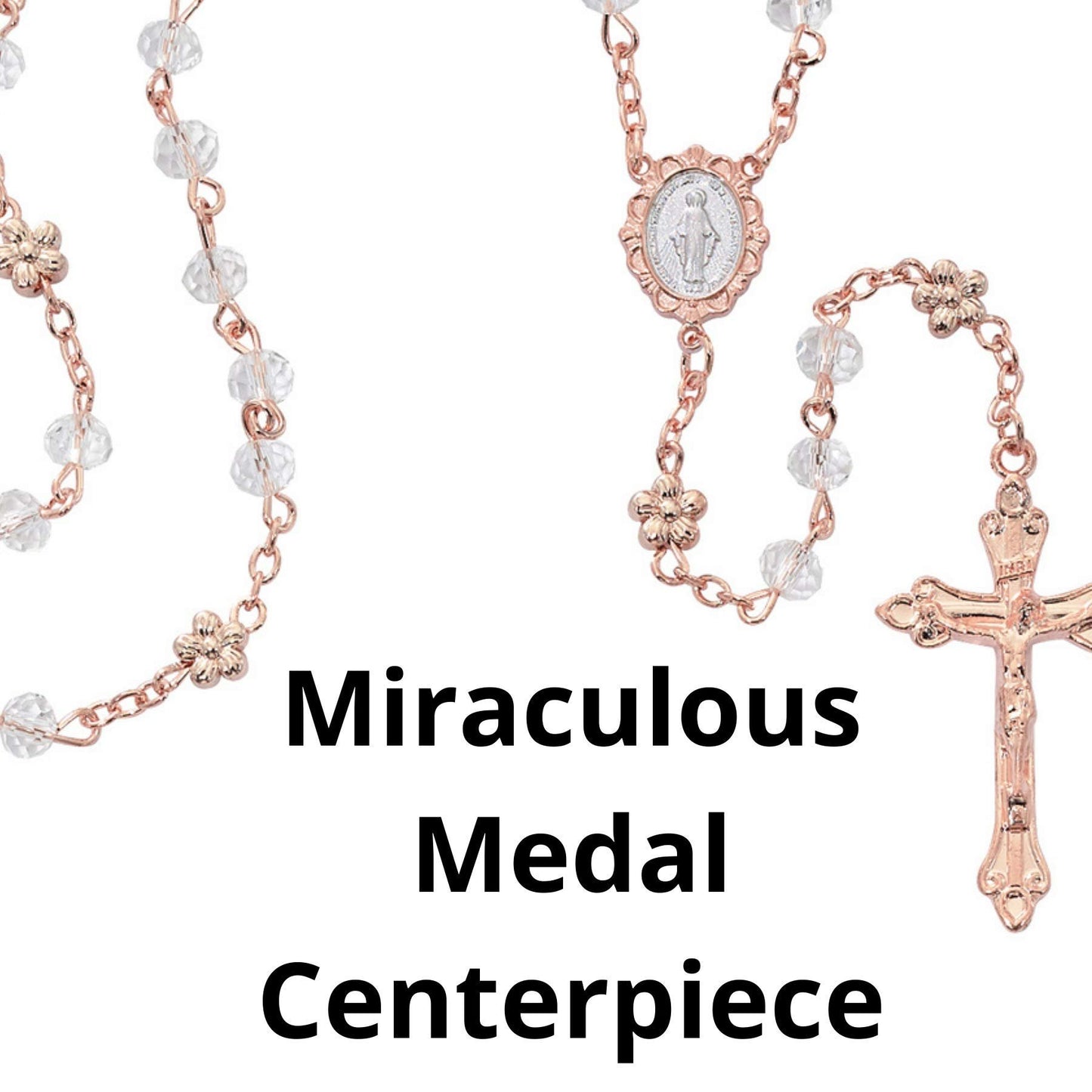 McVan Rose Gold Toned Catholic Rosary with Miraculous Medal Centerpiece, Religious Gift for Girls