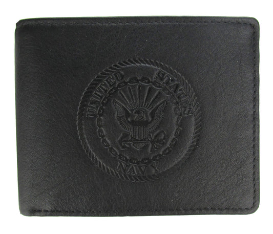 U.S. Navy Crest Bi-Fold Leather Wallet with RFID Protection - BLACK