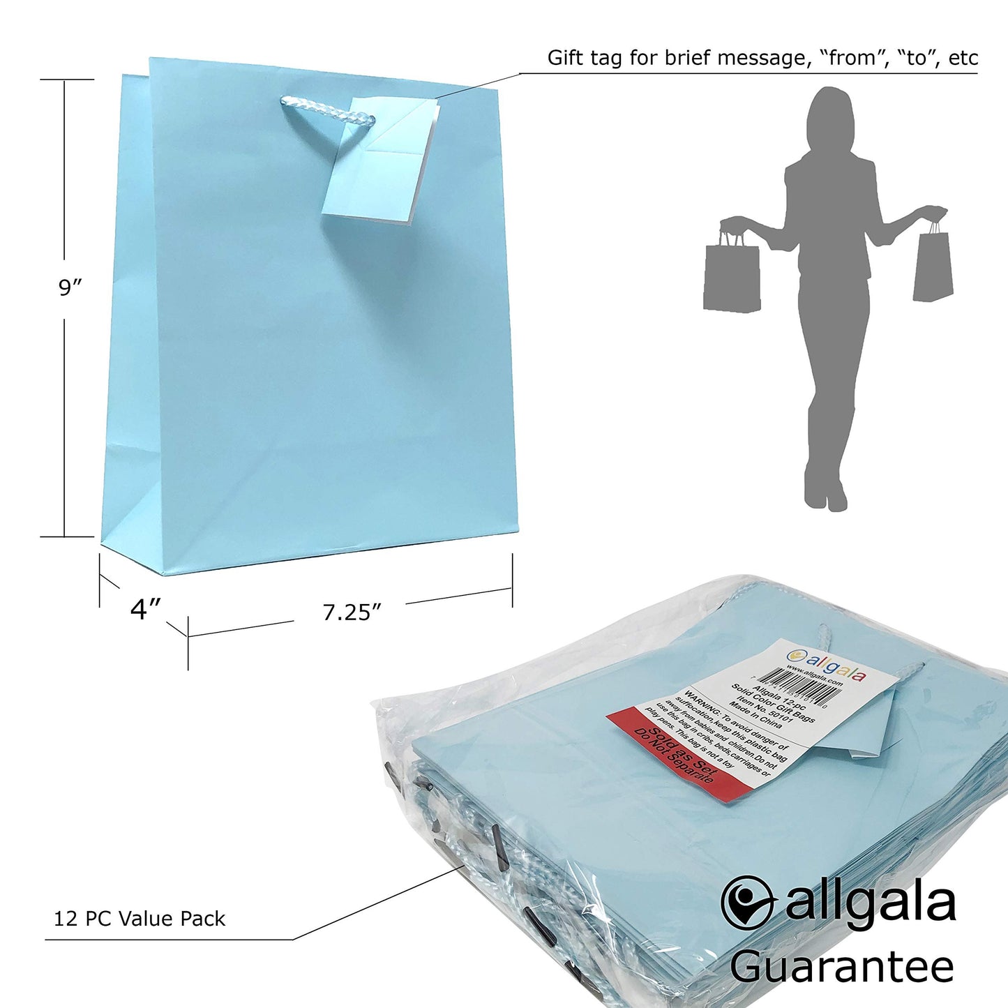 allgala 12PK Value Premium Solid Color Paper Gift Bags