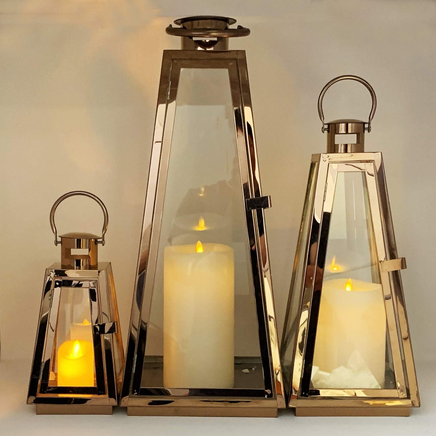Allgala Lantern Set 3-PC Jumbo Deluxe Modern Indoor/Outdoor Candle Lantern Set with Chrome Plated Structure and Tempered Glass for Garden Poolside Fireplace Wedding