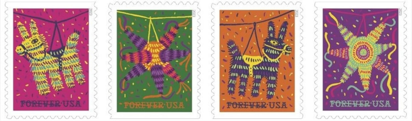USPS Pinatas Forever Postage Stamps Celebrate Hispanic Heritage Latino Festive Celebration Party 2023 Scott #5812-5815