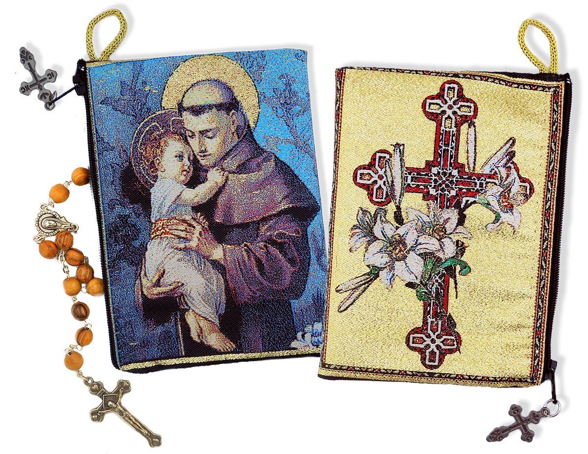 Saint Anthony Child Jesus Cross and Lilies Cloth Rosary Icon Pouch Case Zipper 5 3/8 Inch