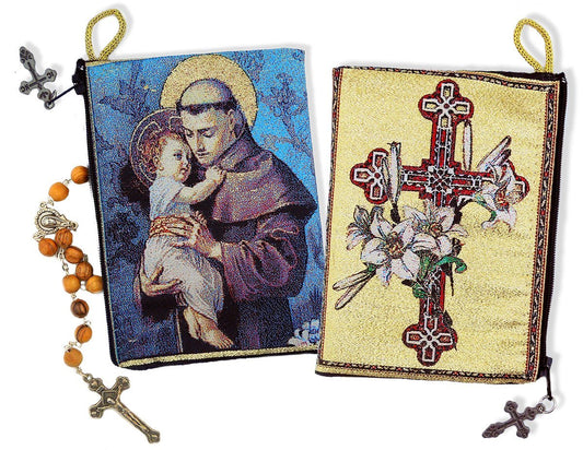 Saint Anthony Child Jesus Cross and Lilies Cloth Rosary Icon Pouch Case Zipper 5 3/8 Inch