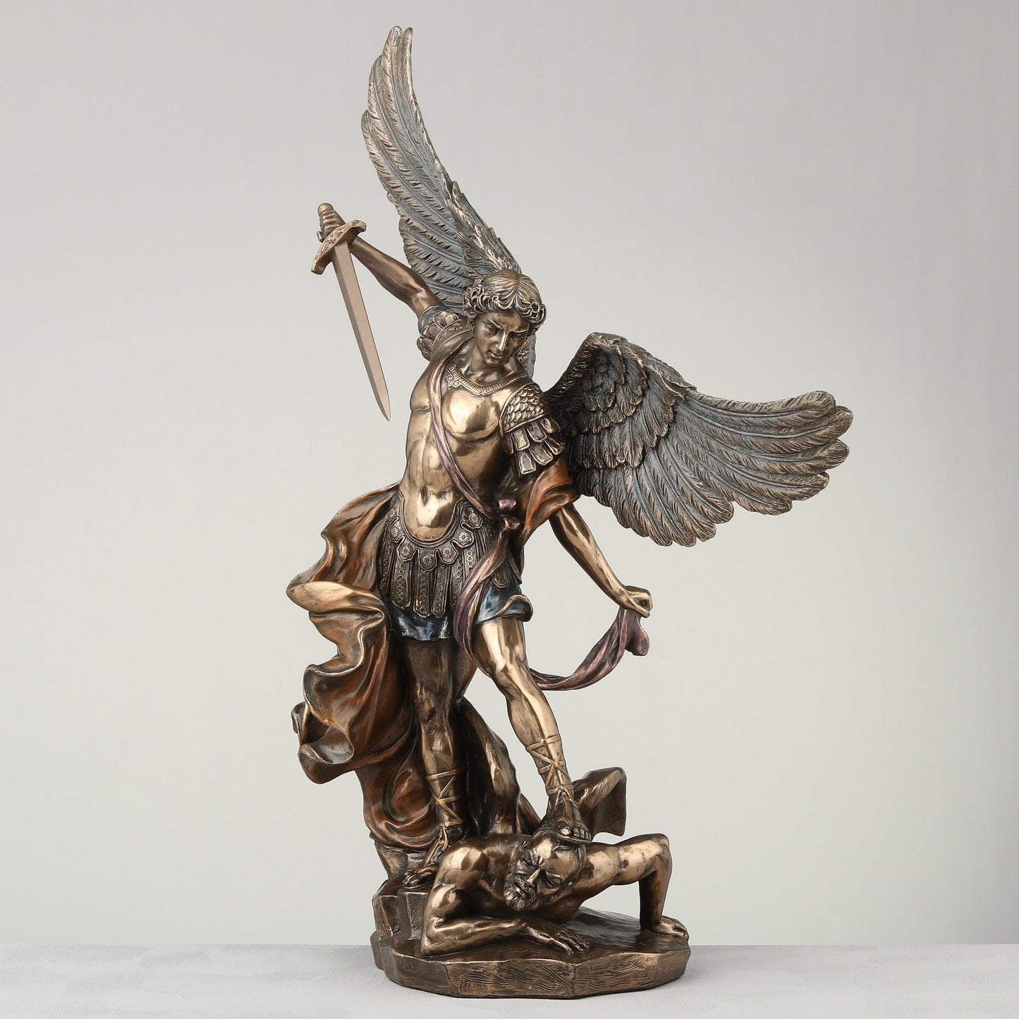 Veronese Design 14 1/8 Inch Archangel Saint Michael Tramples Demon Religious Sculpture Defeating Lucifer Resin Statue Bronze Finish