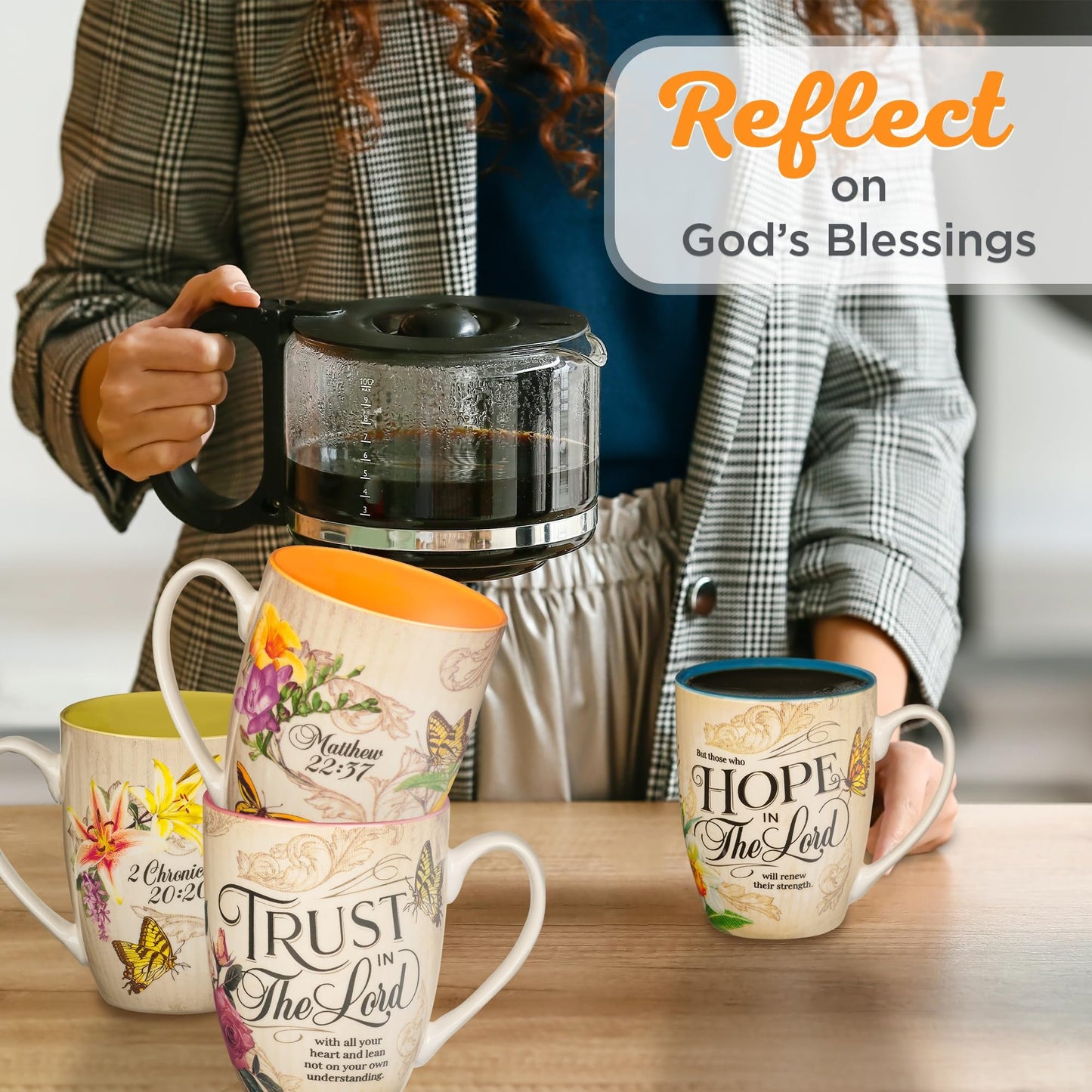 Christian Art Gifts Novelty Floral Ceramic Scripture Coffee & Tea Mug Set: Hope, Trust, Faith, Love - 4 Fancy Medium 12 oz. Cups w/Butterflies & Bible Verses, Multicolor Blue/Pink/Green/Orange Floral