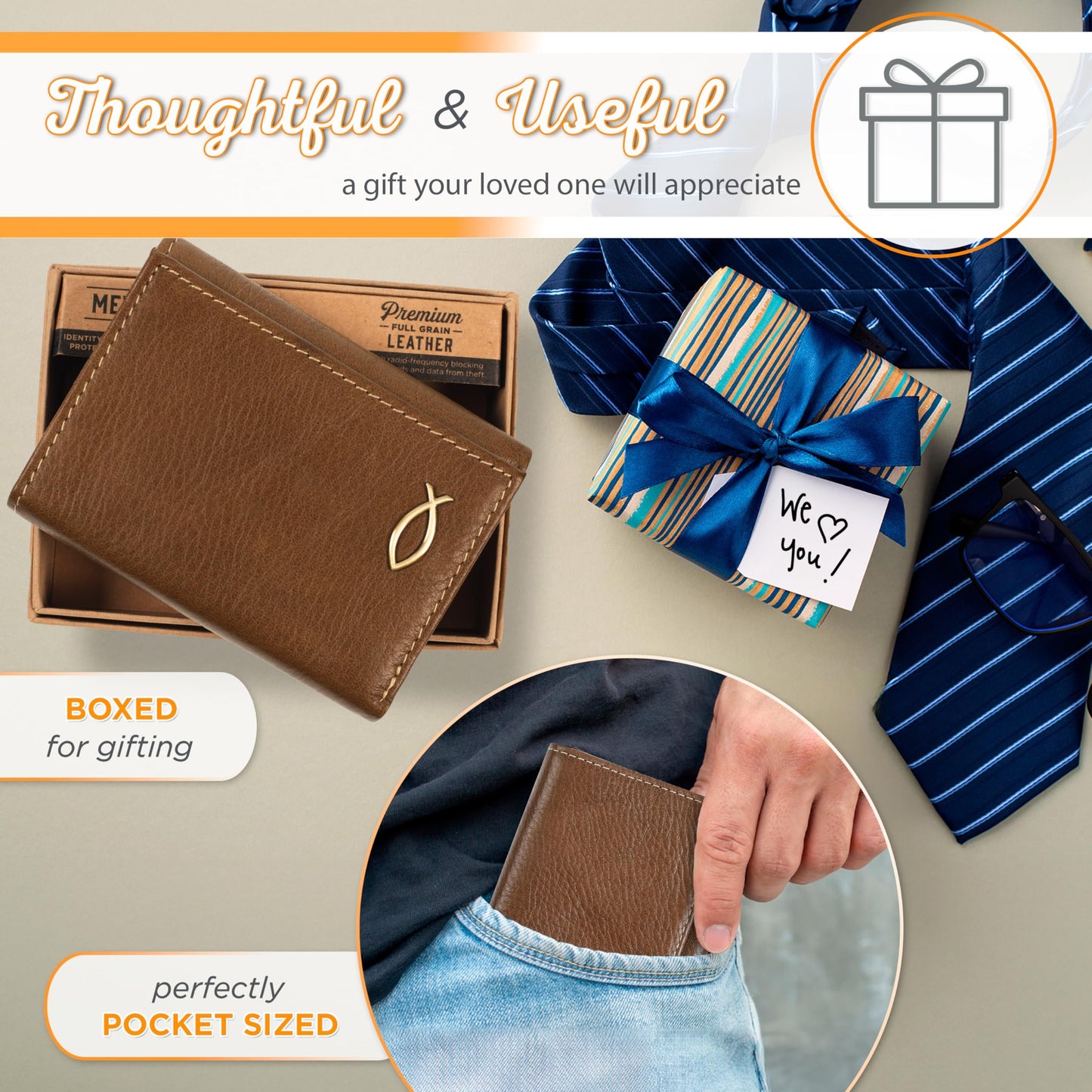 Christian Art Gifts Genuine Premium Full Grain Leather RFID Blocking Silver Engraved Cross Wallet for Men: Multi Pocket Billfold w/Removable ID Window Accessory for Credit Cards, Bills, Photos, Black