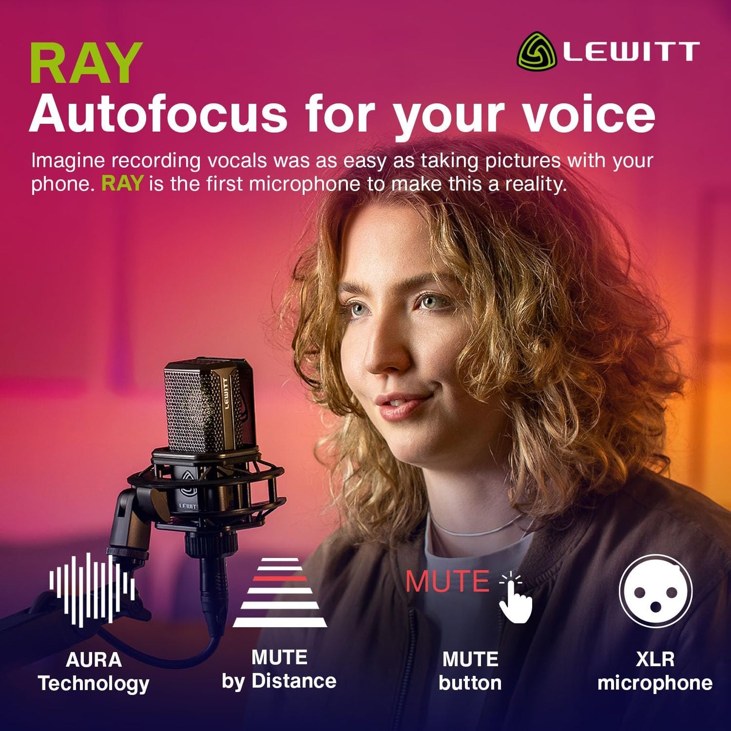 Lewitt RAY Microphone with Autofocus for Your Voice - Mute by Distance and Mute Button - for Podcasts, Streaming, Content and Music in Studio Quality - 1" Studio Condenser Capsule