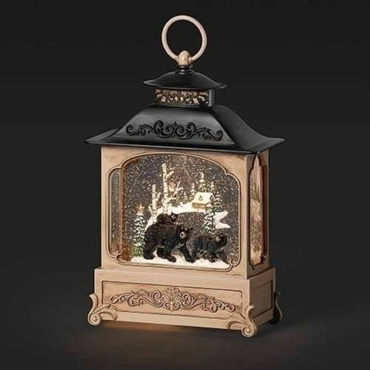 Roman 12" LED Lighted Swirl Black Bear Lantern, Confetti Lites, Christmas Tabletop Decor