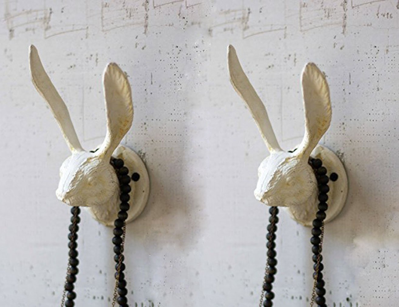 Spacepositive Kalalou Cast Iron Rabbit Wall Hook Rustic Antique White Finish with Mounting Screws, 7.2 Inches Long by 3.25 Inches Tall by 4 Inches Wide Set of 2