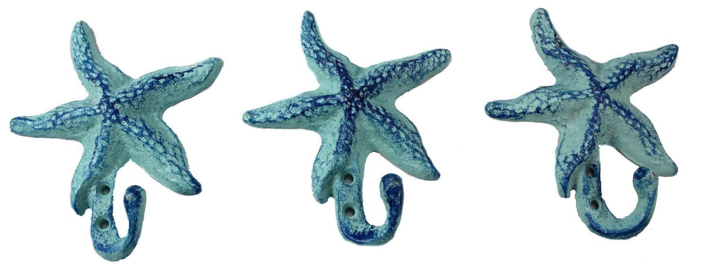 Starfish Cast Iron Wall Hooks Antique Blue - Set of 3 for Coats, Aprons, Hats, Towels, Pot Holders, More