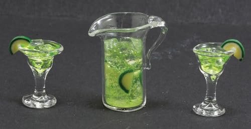 Dollhouse Miniature Glass Pitcher of Margarita with 2 Filled Glasses