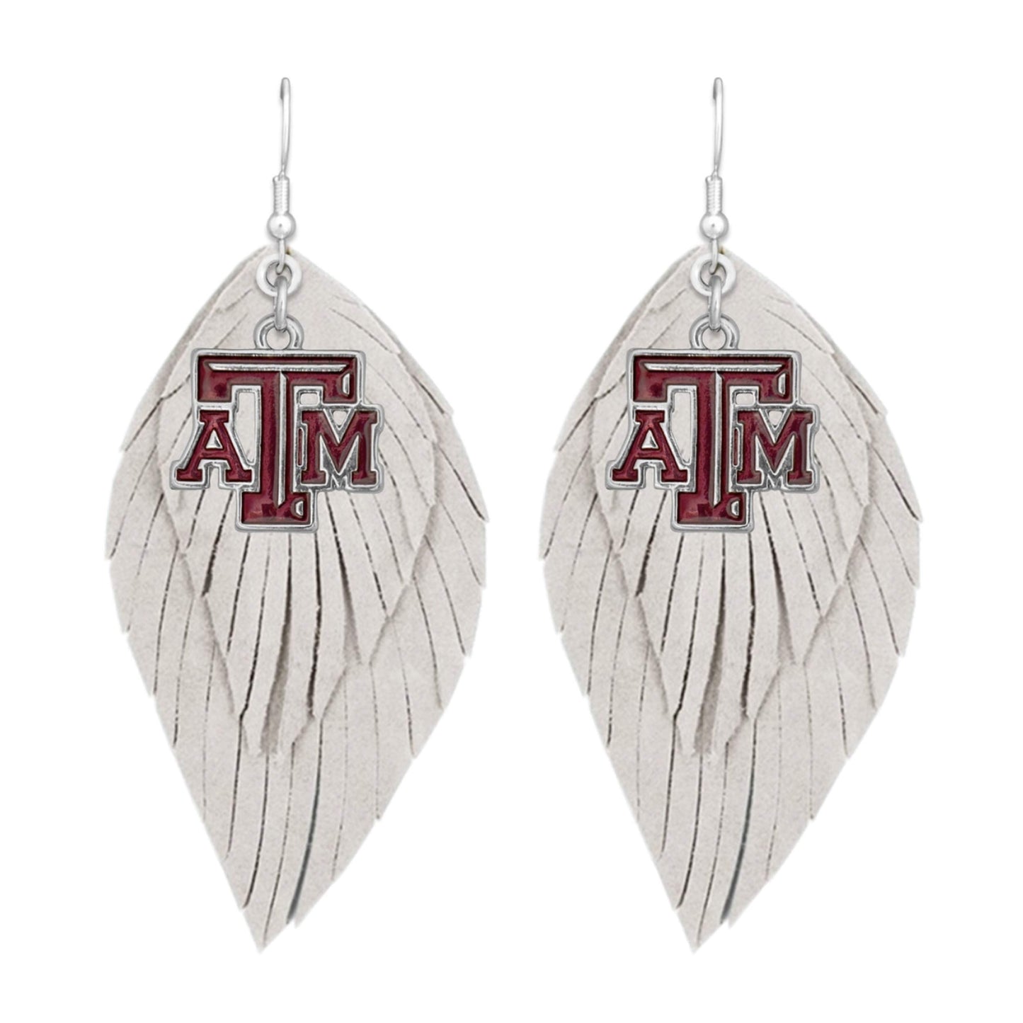 Texas A&M Aggies White Maroon Boho Leather Feather Wire Earrings Jewelry TAM