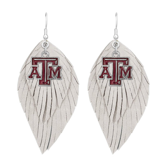 Texas A&M Aggies White Maroon Boho Leather Feather Wire Earrings Jewelry TAM