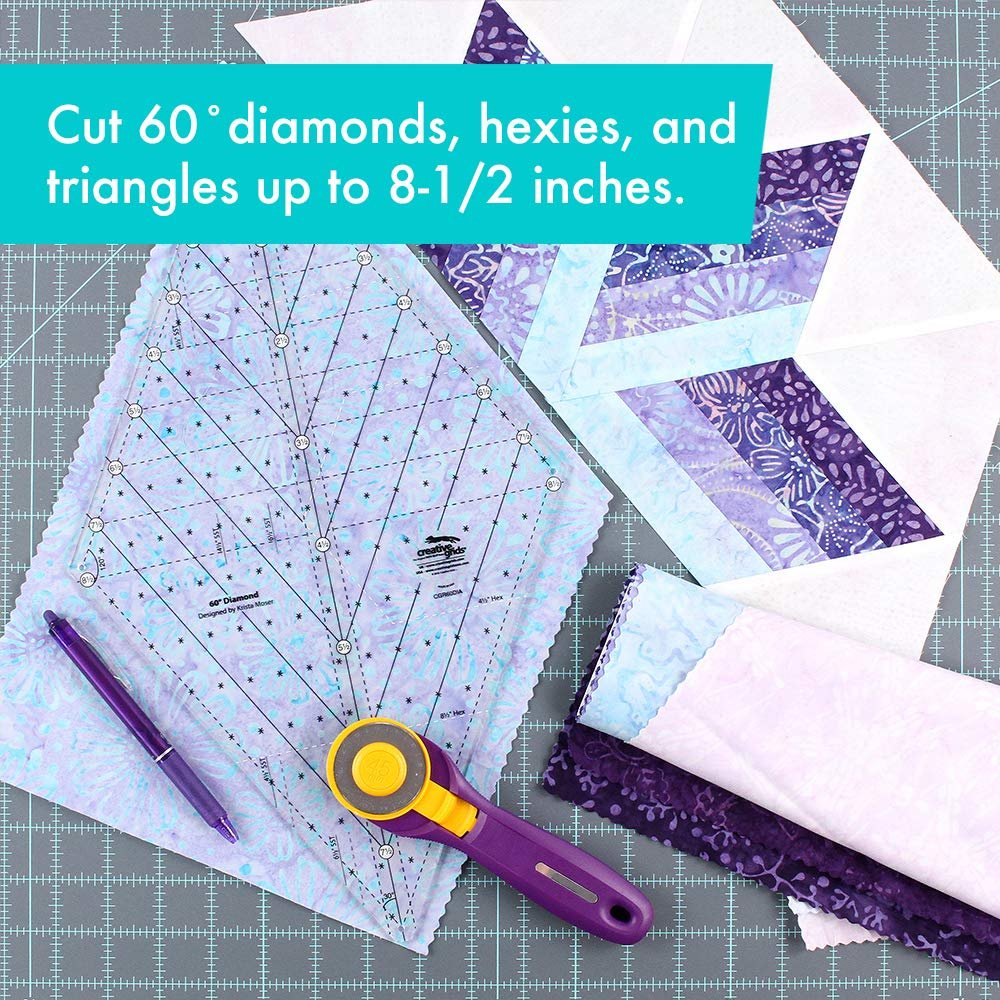 Creative Grids 60 Degree Diamond Ruler – CGR60DIA – Made in USA, Non-Slip Grip Acrylic Quilting, Sewing, Crafting, Patchwork Ruler & Template