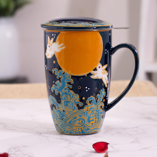 Urban Tokyo Tea Mug With Lid and Stainless Steel Infuser For Loose Leaf Tea Bag Tea Cup 15oz Porcelain Hot Beverage Everyday Use Home Office (Moon Rabbit)