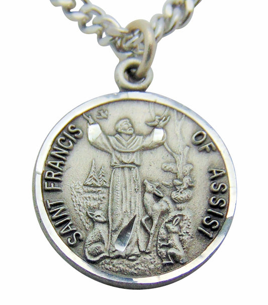 Saint Francis Pewter Medal Pendant 3/4 Inch on 24 Inch Stainless Steel Chain Gift