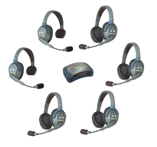 Eartec HUB624 UltraLITE Wireless System 2 Way Radio License-Free for 6 Users - 1 HUB Full Duplex Transceiver Base Station, 2-Pack of ULSR Single-Ear DECT Headset, 4-Pack ULDR Dual Ear Remote Headsets