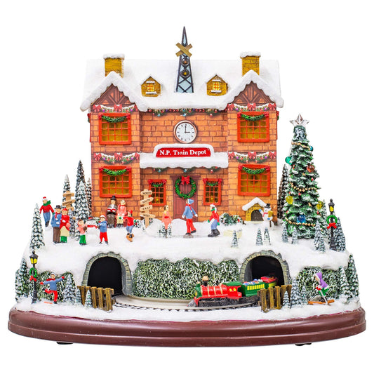 LED Rotating Muscial Holiday Village 12 x 10 Wood Holiday Polar Train Station