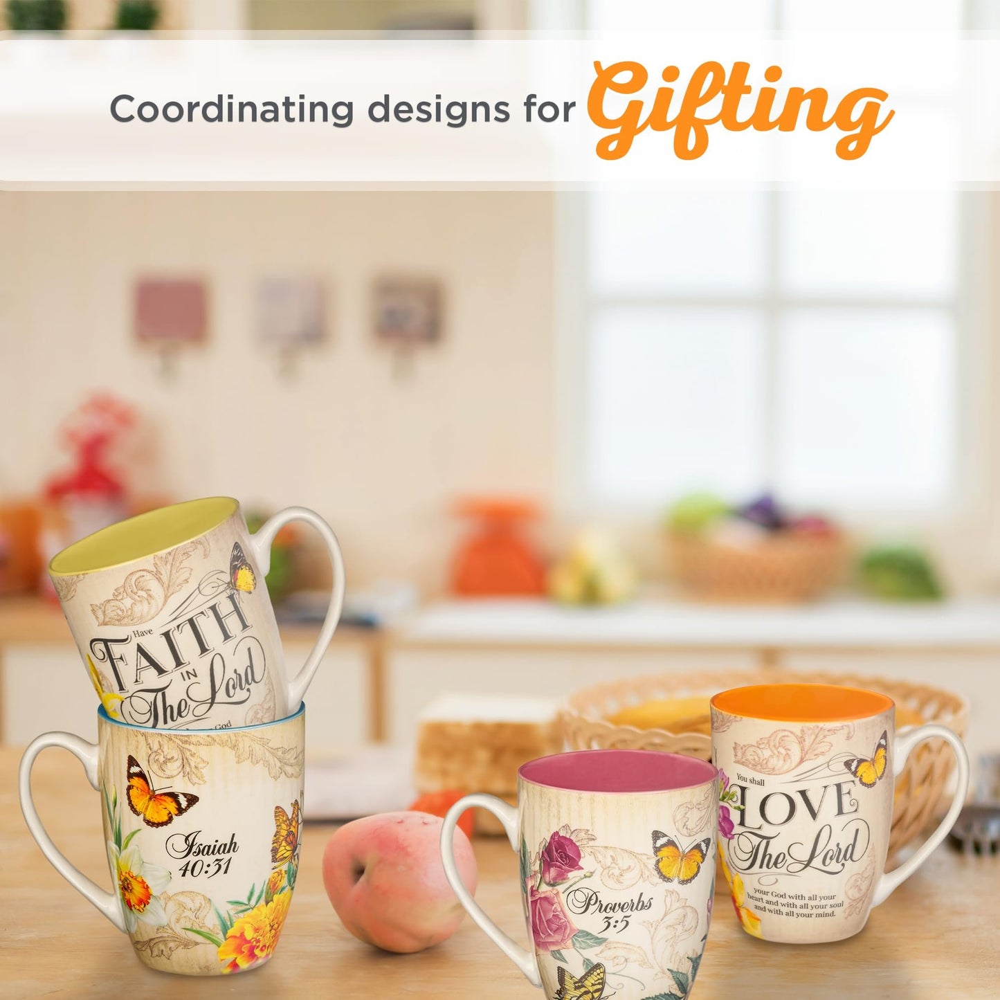 Christian Art Gifts Novelty Floral Ceramic Scripture Coffee & Tea Mug Set: Hope, Trust, Faith, Love - 4 Fancy Medium 12 oz. Cups w/Butterflies & Bible Verses, Multicolor Blue/Pink/Green/Orange Floral
