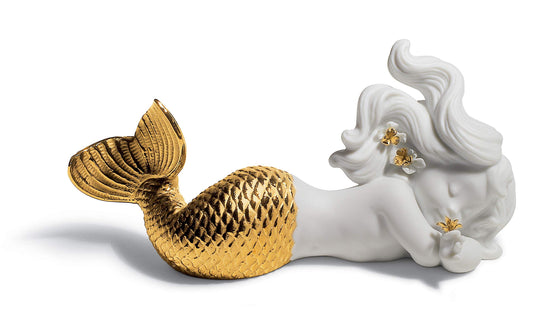 LLADRÓ Day Dreaming at Sea Mermaid Figurine. Golden Lustre. Porcelain Mermaid Figure.