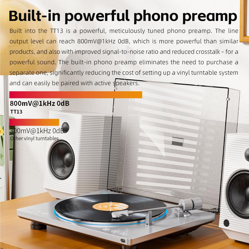 FiiO TT13 Fully Automatic Vinyl Stereo Turntable(Analog), Powerful Phono preamp, Dust Cover, Die-cast Aluminum Platter (TT13 Silver Bluetooth)