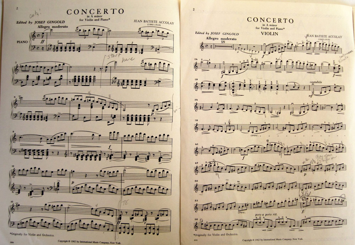 ACCOLAY CONCERTO NO.1 IN A MINOR for Violin & Piano