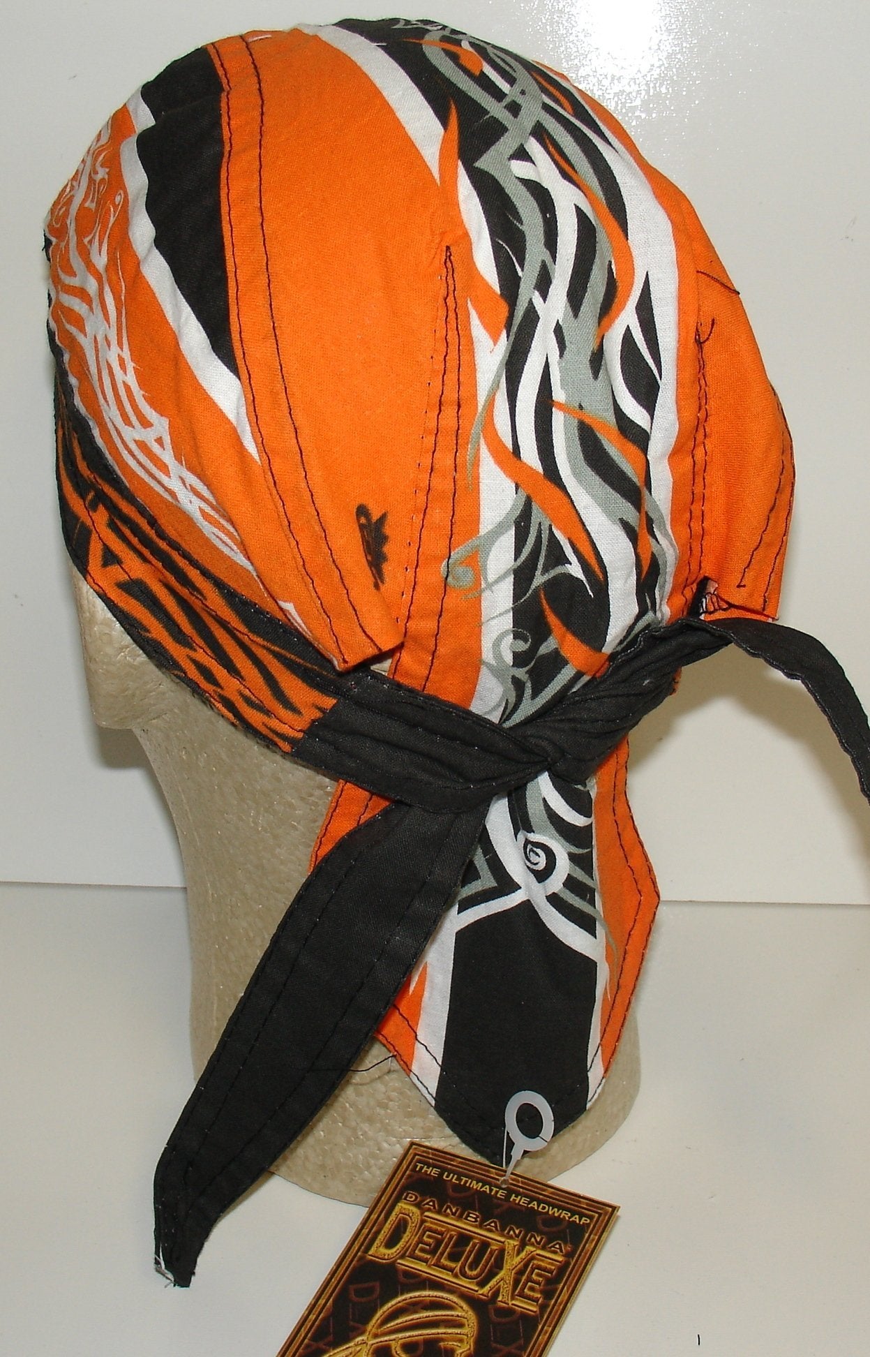 Danbanna Deluxe Orange Black Grey Pinstripe Flames Ride Forever Headwrap Doo Rag Skull Cap