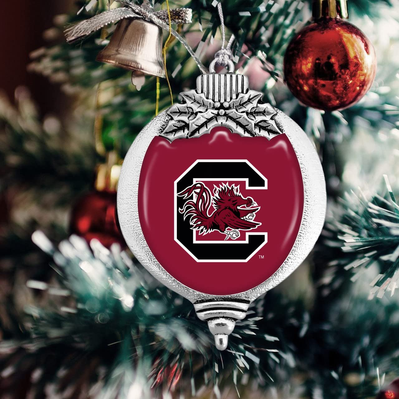 South Carolina Gamecocks USC Bulb with Team Logo Silver Metal Christmas Ornament Gift Tree Decoration