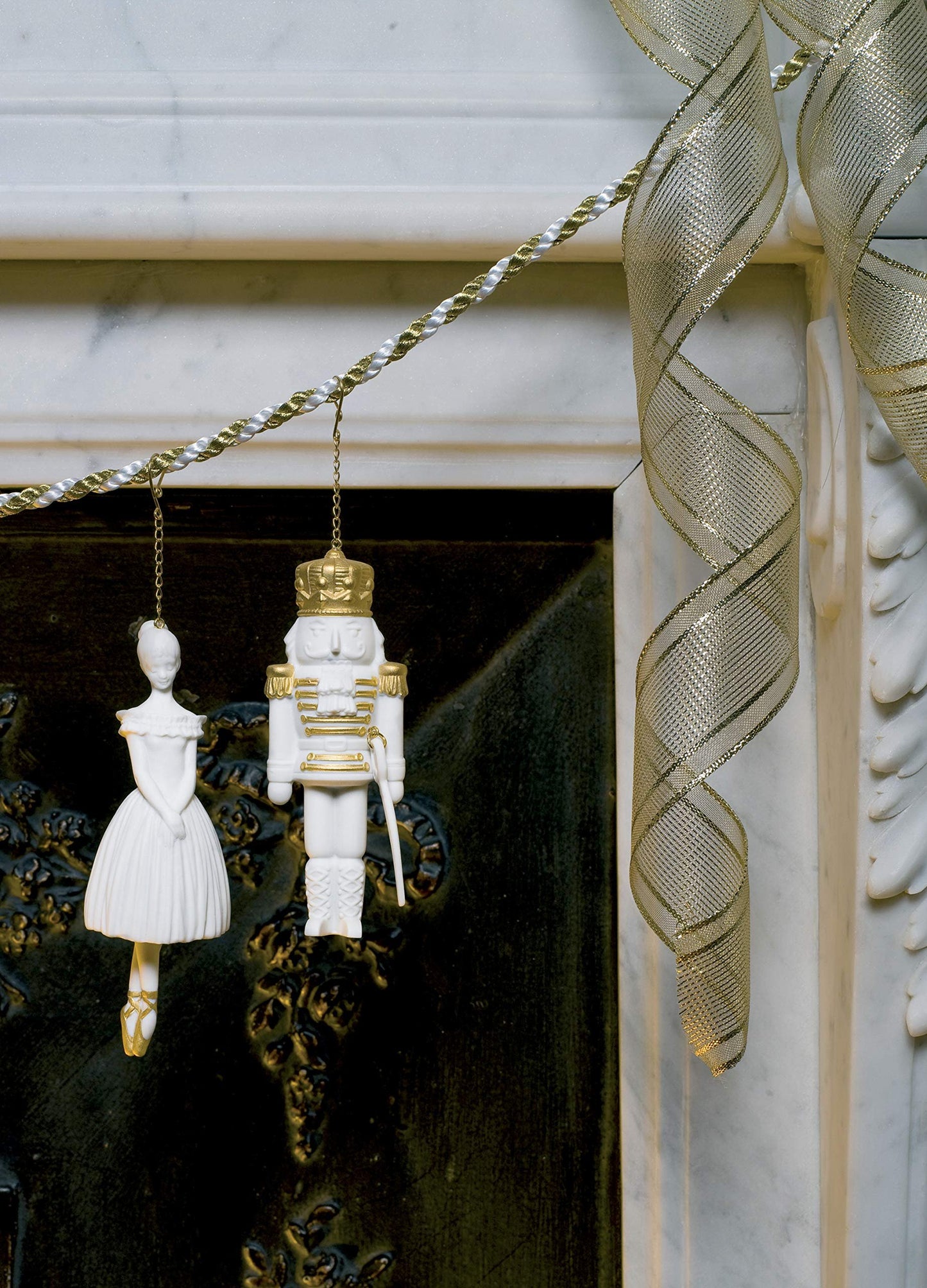 LLADRÓ Ballerina Figure with Chain for Hanging. Christmas Ornament in Matte White Porcelain. Ballet Dancer Hanging Ornament Decorated with Golden Luster.