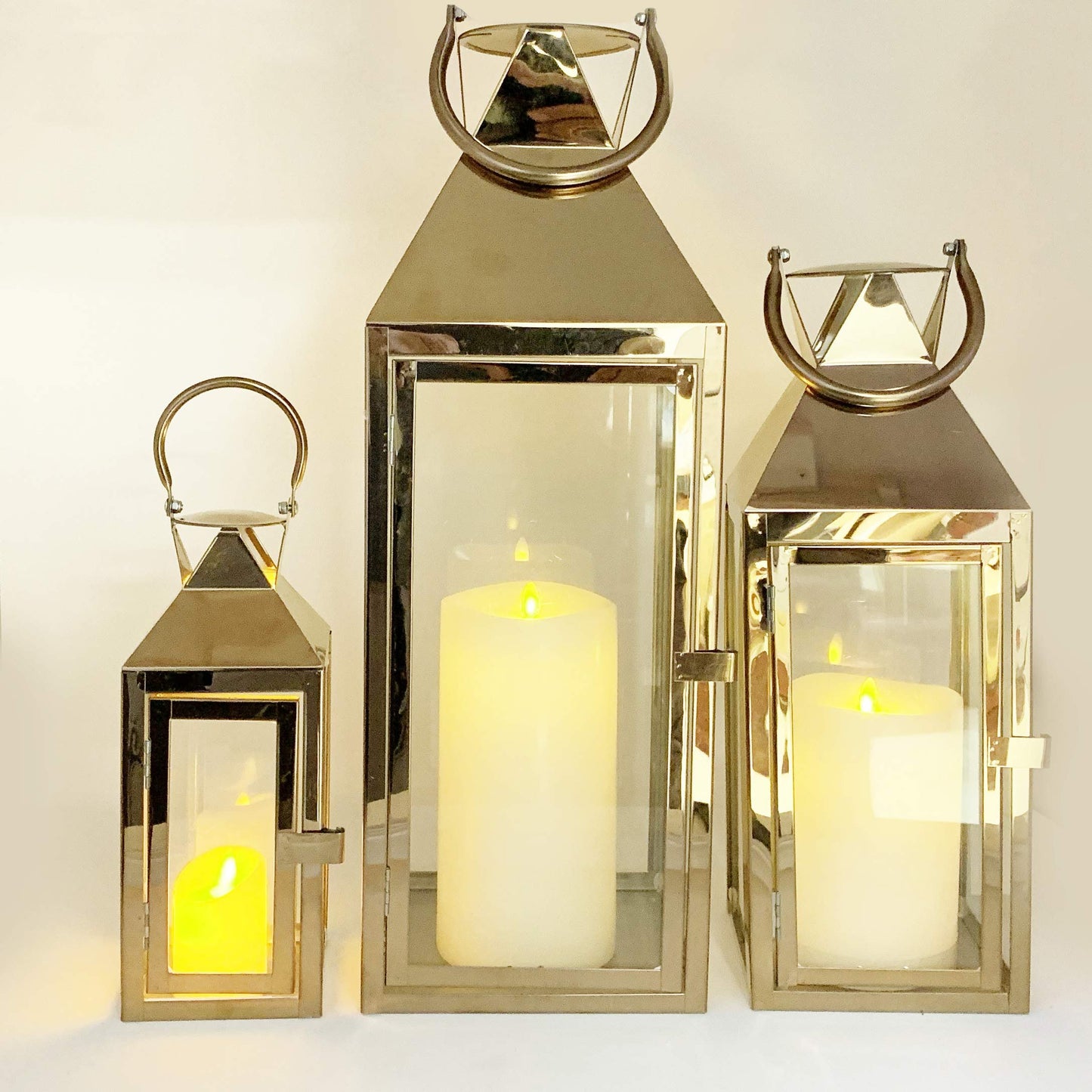Allgala Lantern Set 3-PC Jumbo Deluxe Modern Indoor/Outdoor Candle Lantern Set with Chrome Plated Structure and Tempered Glass for Garden Poolside Fireplace Wedding