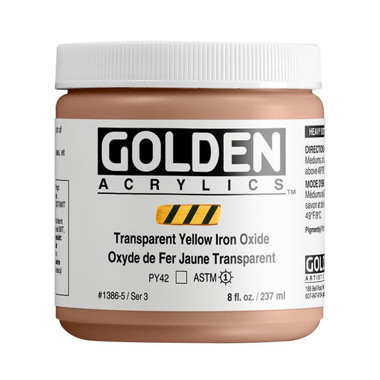 Heavy Body Acrylics by GOLDEN, Transparent Yellow Iron Oxide, 8 fl. oz. Jar, Professional Acrylic Paint, Transparent