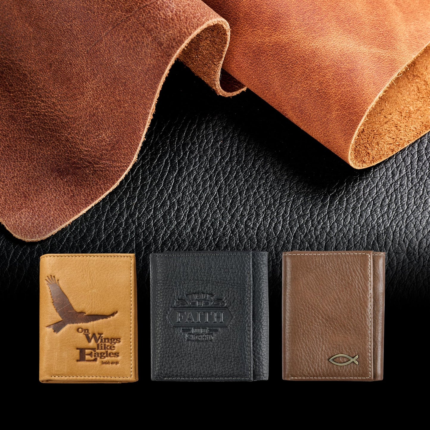 Christian Art Gifts Genuine Premium Full Grain Leather RFID Blocking Silver Engraved Cross Wallet for Men: Multi Pocket Billfold w/Removable ID Window Accessory for Credit Cards, Bills, Photos, Black