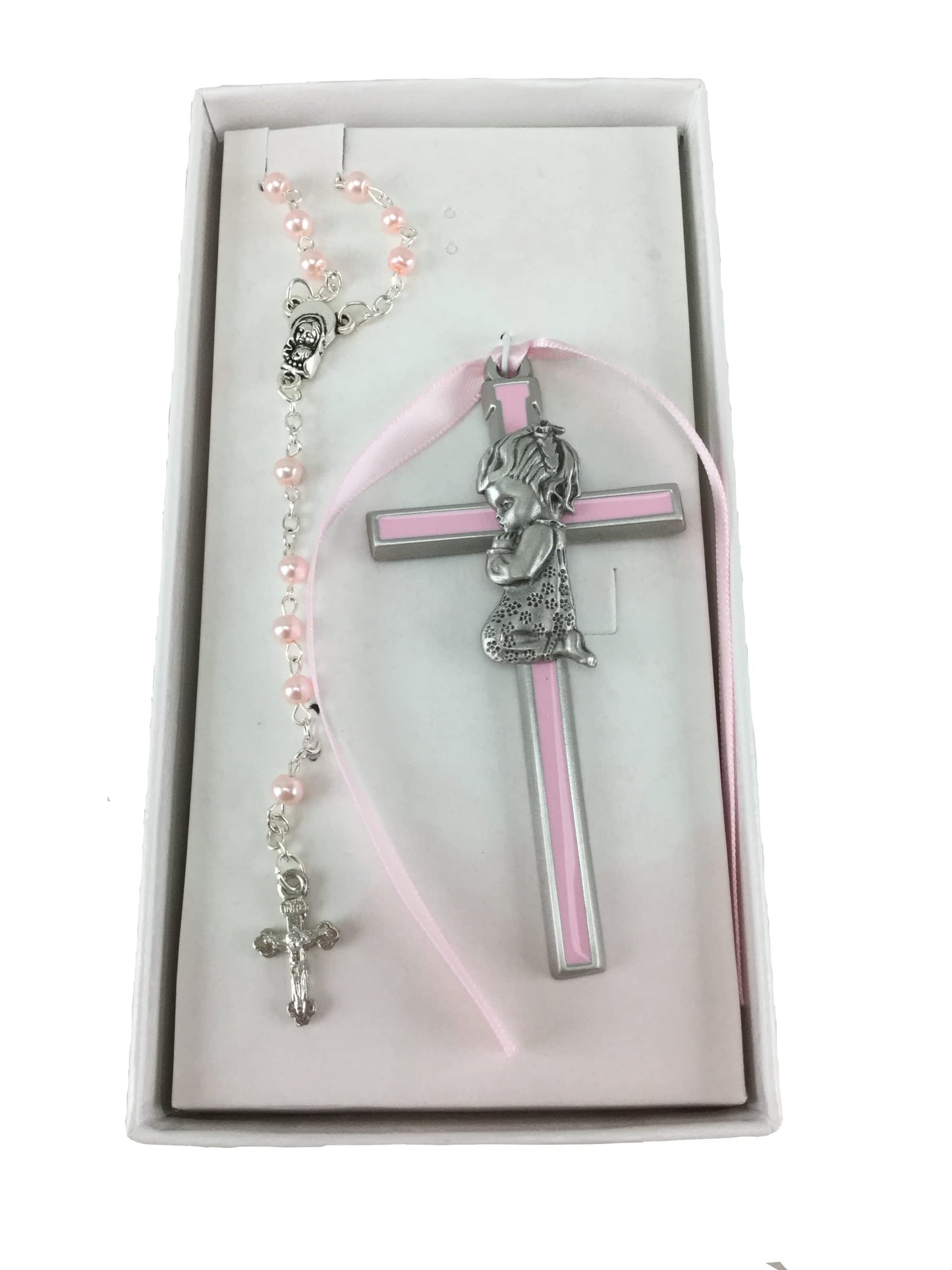 Girl Crib Cross and Rosary set Cross is 3 1/2 inches great baptism christening gift keepsake gift